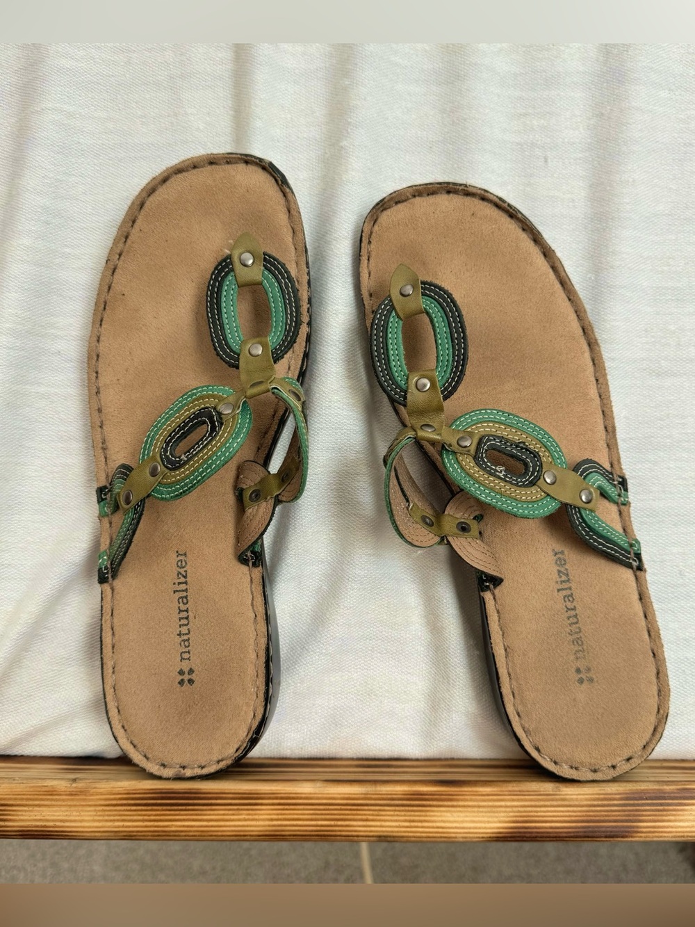 Y2K whimsy turquoise and green flip flops